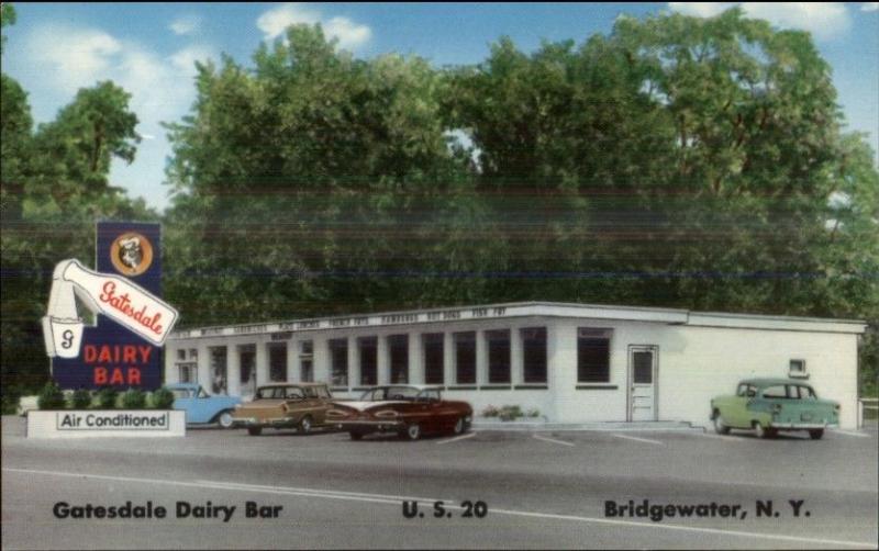 Bridgewater NY Gatesdale Dairy Bar Ice Cream Roadside Old Cars Postcard 