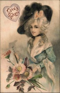 Valentine Beautiful Victorian Woman Flowers c1910 Silk Winsch Postcard