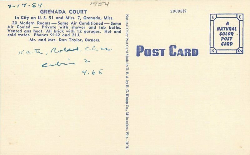 Granada Mississippi Court roadside Kropp linen 1954 Postcard 21-10524