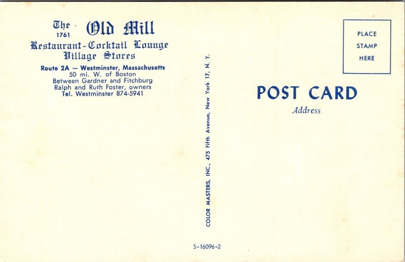 Old Mill Restaurant Cocktail Lounge Village Stores Westminster MA Postcard UNP 