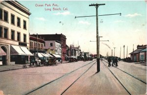 VINTAGE POSTCARD STREET SCENE OCEAN PARK AVE LONG BEACH CALIFORNIA MAILED 1907