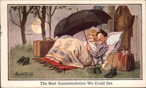 Donald McGill Touring Comic Couple Camping Under Umbrella Vintage PC