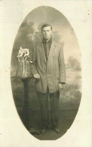 Pennyslvania Johnstown man Floral vase Interior RPPC Photo Postcard 22-5232