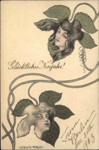 Art Nouveau Fantasy Women's Faces on Leaves New Year LUDWIG RAUH 1903 PC