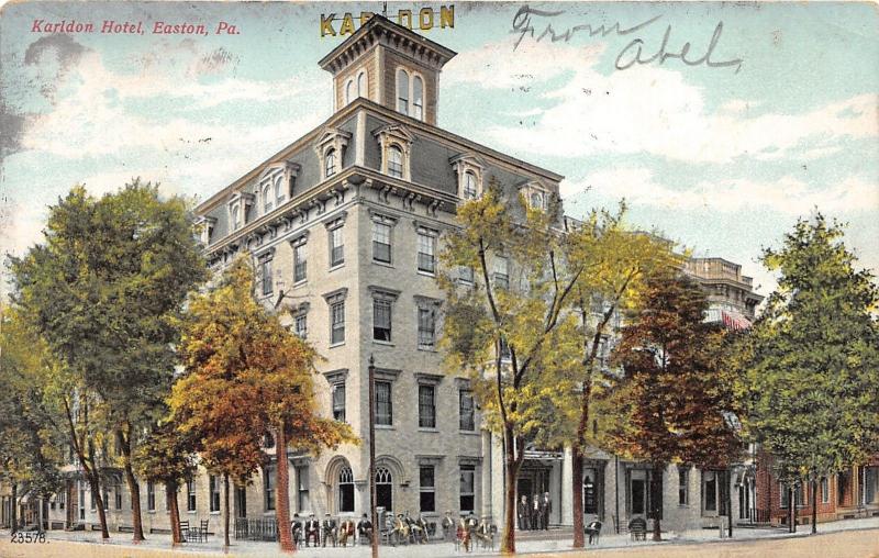 Easton Pennsylvania~Karldon Hotel~Men Sitting/Standing Along Sidewalk~1908 PC