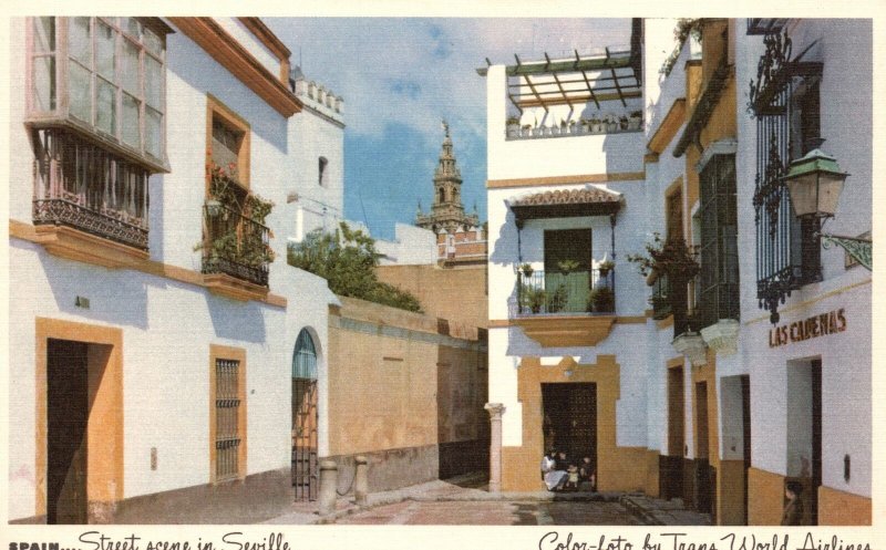 Vintage Postcard Street Scene Houses Apartments Buildings Seville Madrid Spain
