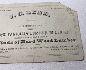 1880s Vandalia Lumber Mills J C Lynd Vandalia IL Illinois Business Card Ad