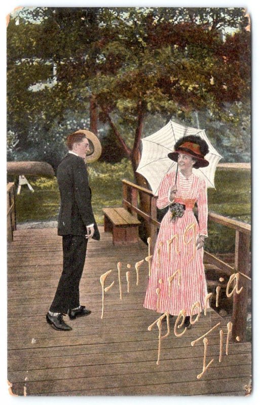 1910's FLIRTING IN PEORIA ILLINOIS ROMANTIC COUPLE ON BRIDGE ANTIQUE POSTCARD