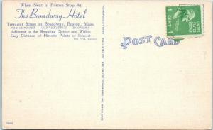 BOSTON, MA Massachusetts  BROADWAY  HOTEL  c1940s  Roadside Linen Postcard