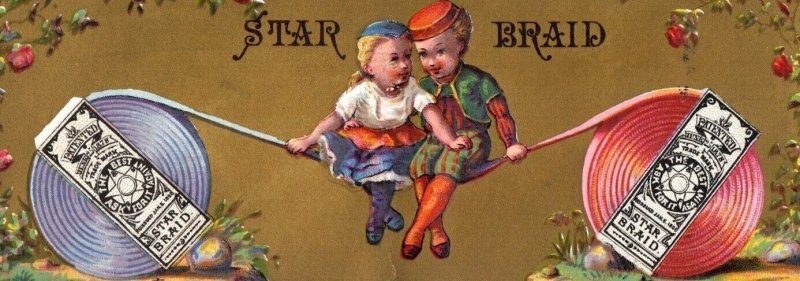 1870's-80's Star Braid Bookmark Kids Swinging Original Victorian Trade Card P24