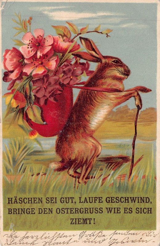 HASCHEN SEI GUT-GESCHWIND~BUNNY RABBIT BE GOOD, RUN FAST~1901 EASTER POSTCARD