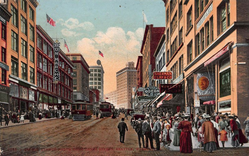 Second Ave. North from Union Street, Seattle, Washington, Early Postcard, Unused