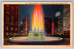 Edison Memorial Fountain, Grand Circus Park, Detroit MI, 1939 Linen Postcard