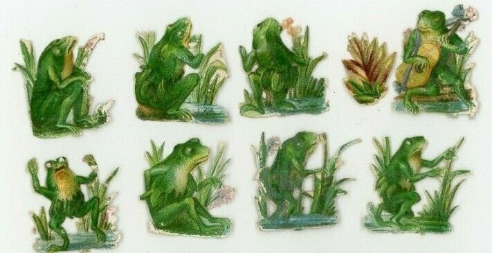 1870's-80's Lovely Anthropomorphic Frogs Lot Of 16 Victorian Die Cut X105