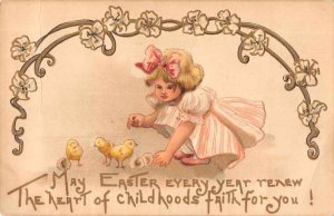 Easter Greetings Girl with Chicks HBG Postcard AA10569