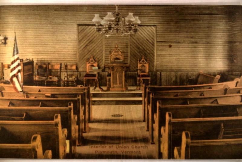 pre-1920 Unused UNION CHURCH INTERIOR in Plymouth Vermont VT postcard v0725