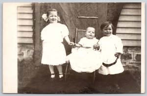 Real Photo Postcard~Victorian Children~5 Year Big Sis~3 Year Bro~Baby in Buggy 