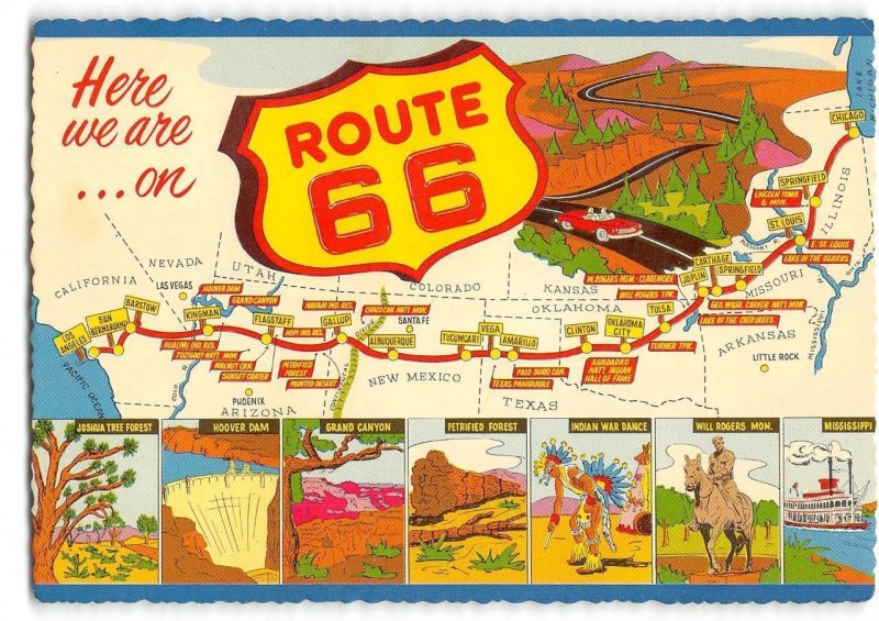 ROUTE 66 Roadside Map Arizona Nevada Texas Hoover Dam 4x6 1960s Vintage Postcard