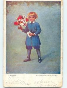 Pre-Linen foreign signed KORPAL - BOY HOLDING FLOWER BOUQUETS & ENVELOPE HL5174