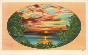 Vintage Postcard 1920's Beautiful Sunset Blue Ocean Green Trees Nature Painting