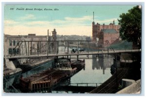 c1911 Fourth Street Bridge Exterior Building River Racine Wisconsin WI Postcard