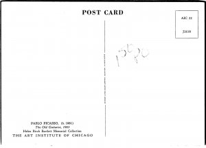 VINTAGE CONTINENTAL SIZE POSTCARD PABLO PICASSO AT THE CHICAGO ART INSTITUTE