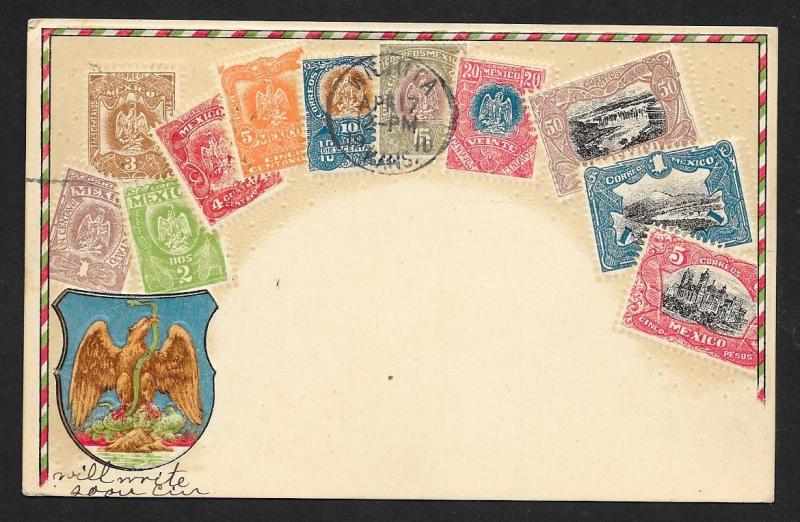 MEXICO Stamps on Postcard Embossed Shield Used c1910