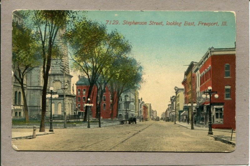  Postcard IL Freeport Stephenson Street Looking Ease St Scene Horse c1915 1237A