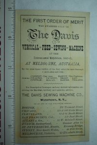 The Davis Vertical Feed Sewing Machine Co. Expo. 1880 Melbourne Australia F59