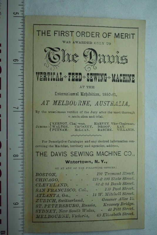 The Davis Vertical Feed Sewing Machine Co. Expo. 1880 Melbourne Australia F59