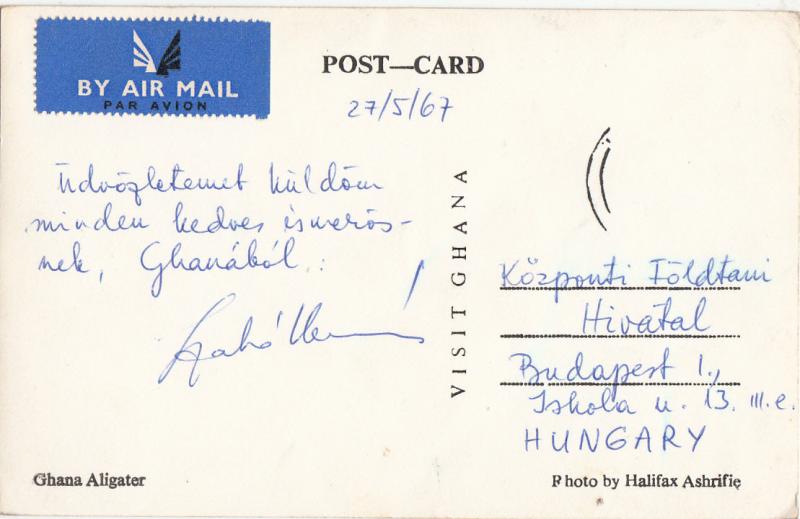 Africa noir Ghana Aligater ethnics / natives / Air Mail postcard to Hungary