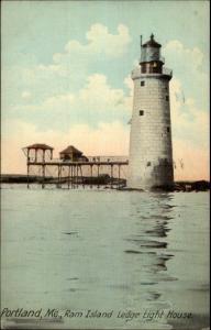 Portland ME Ram Island Ledge Lighthouse c1910 Postcard