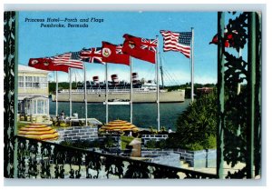 c1940s Princess Hotel - Porch and Flags Pembroke Bermuda Unposted Postcard