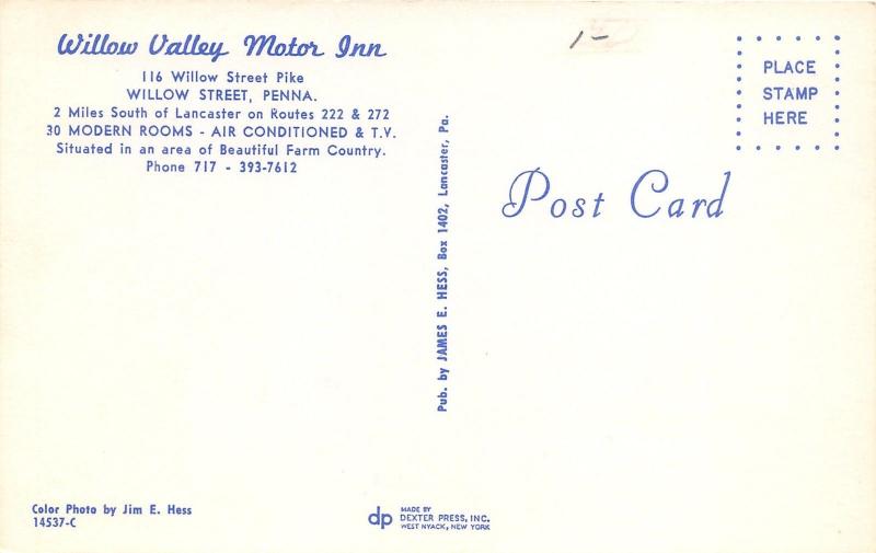 Willow Street Pennsylvania~Willow Valley Motor Inn~1950s Roadside Postcard