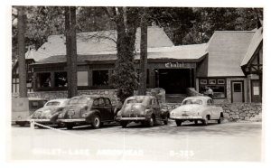 Chalet Lake Arrowhead California w Old Cars Parked In Front RPPC Postcard