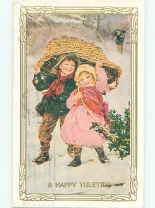 Pre-Linen Christmas KIDS TAKE SHELTER UNDER WOODEN BASKET AB5724