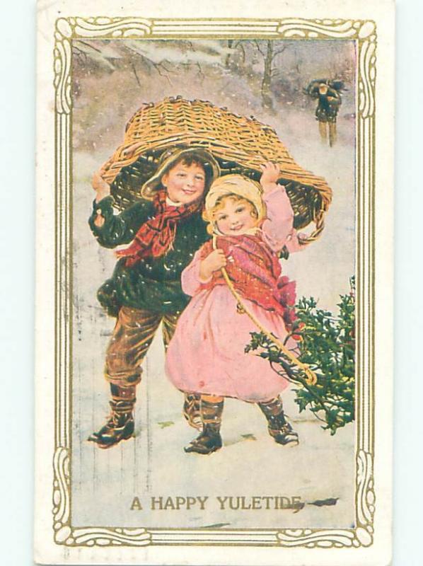 Pre-Linen Christmas KIDS TAKE SHELTER UNDER WOODEN BASKET AB5724