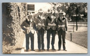 YOUNG MEN in FIRE FIGHTERS HATS ANTIQUE REAL PHOTO POSTCARD RPPC