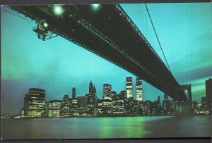 NY New York City Lower MANHATTAN & Brooklyn Bridge - Twin Towers shown - Chrome
