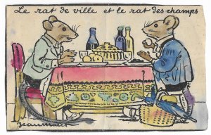 Early 1900's Handmade & Hand Colored, signed French Post Card, City & Field Mice