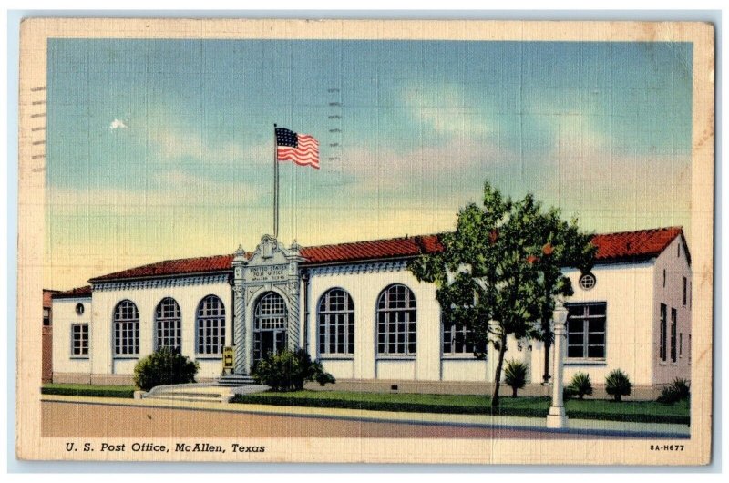 1938 US Post Office Building Scene Street McAllen Texas TX Vintage Postcard