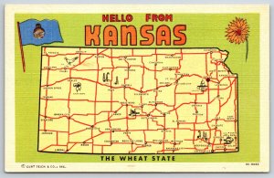 State Map~Hello From Kansas~Russell~Harper~Meade~Ottawa~Norton~Linen Postcard