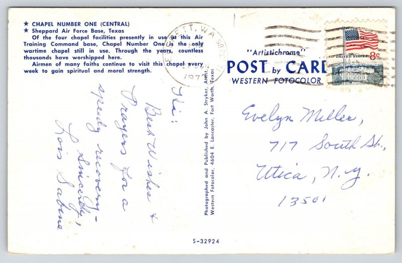 Texas~Sheppard Air Force Base~Central Chapel No 1~Steeple~Speakers~1973 Postcard