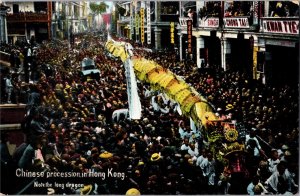 Chinese Procession in Hong Kong Note the Long Dragon Postcard c1910