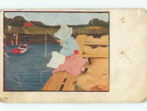 Pre-Linen signed SUNBONNET TWINS FISHING AT DOCK k6410