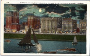 Michigan Avenue Blacksone and Congress Hotels Illinois Postcard Posted 1922