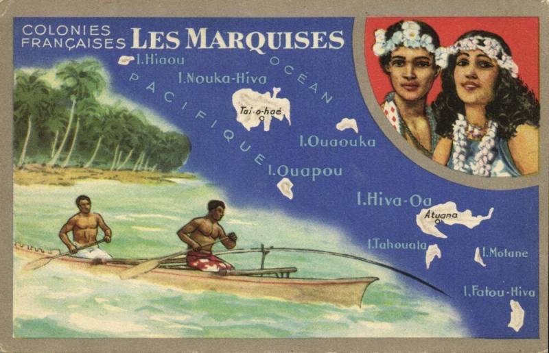 french polynesia, MARQUESAS Islands, Map Trade Card Lion Noir, Natives (1940s)