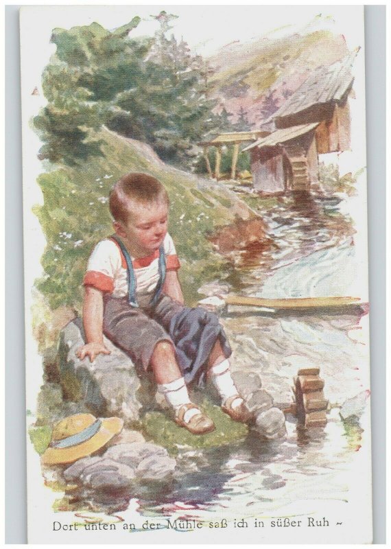 Boy Sitting by River Mill Color Vintage German Art Postcard with Caption