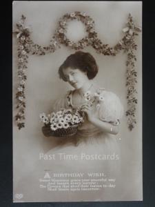 Birthday Greetings: A BIRTHDAY WISH, Sweet Blossom c1913 - Old RP Postcard