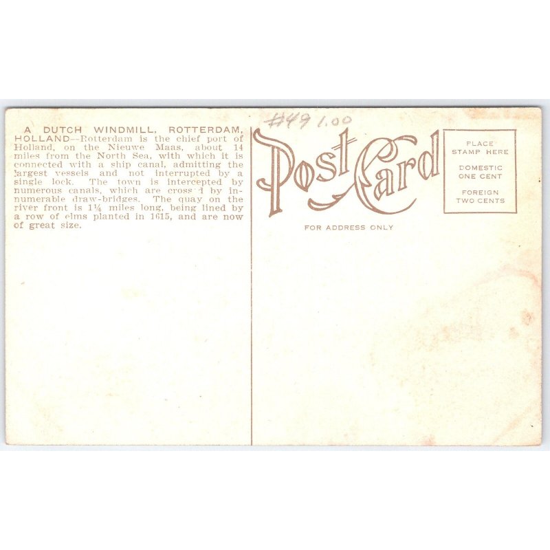 Postcard A Dutch Windmill Rotterdam Holland Architecture c1910